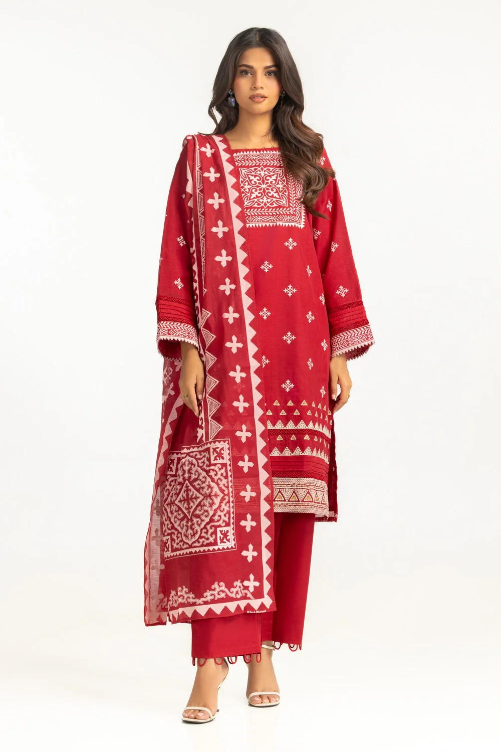 3PC paper-cotton Lacquer Printed Suit With Embroidered