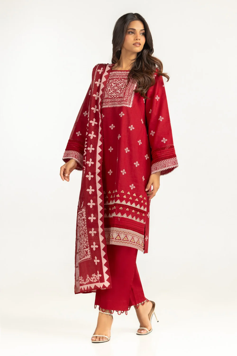 3PC paper-cotton Lacquer Printed Suit With Embroidered - Image 5