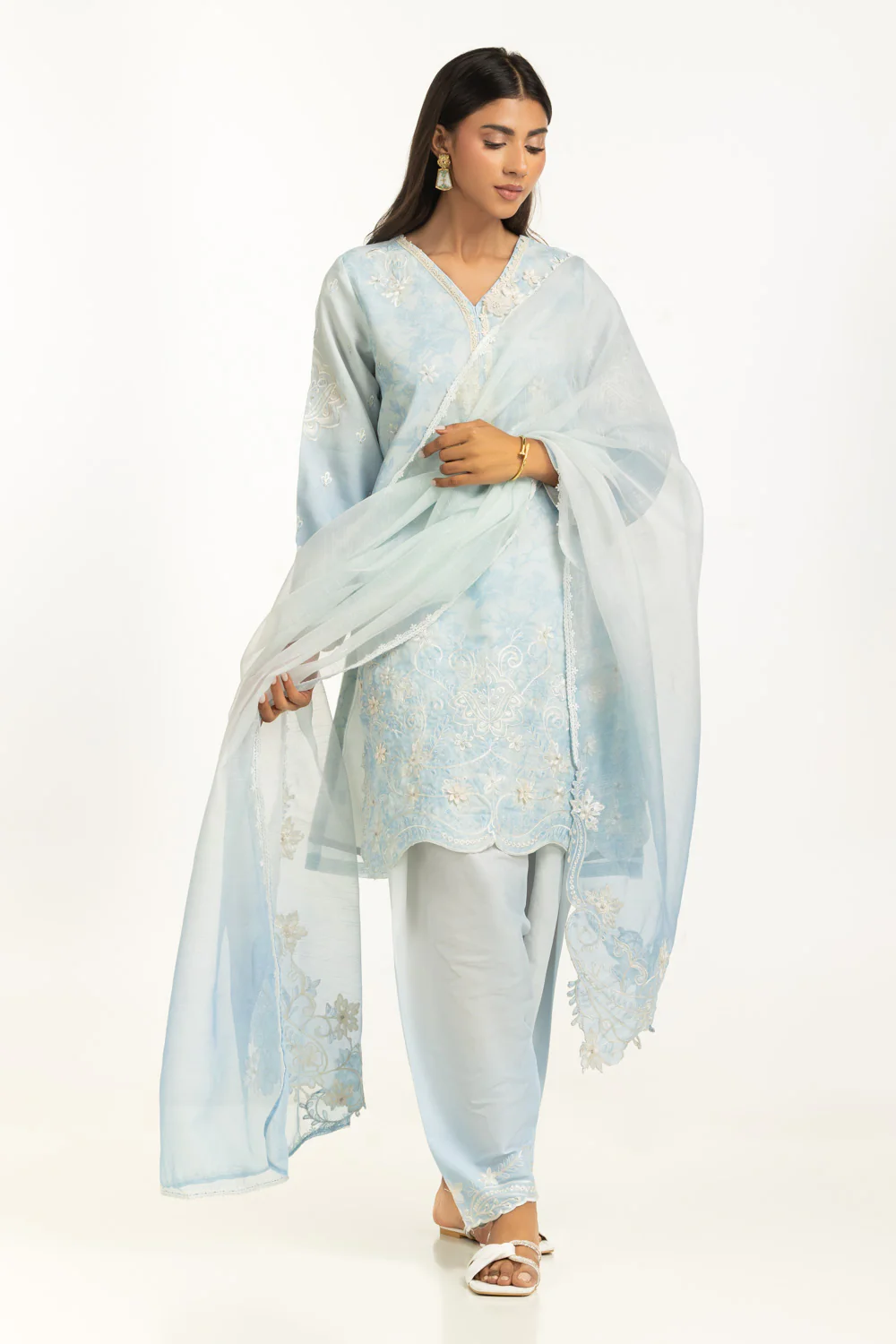 3PC Poly Slub Printed Suit With Embroidered