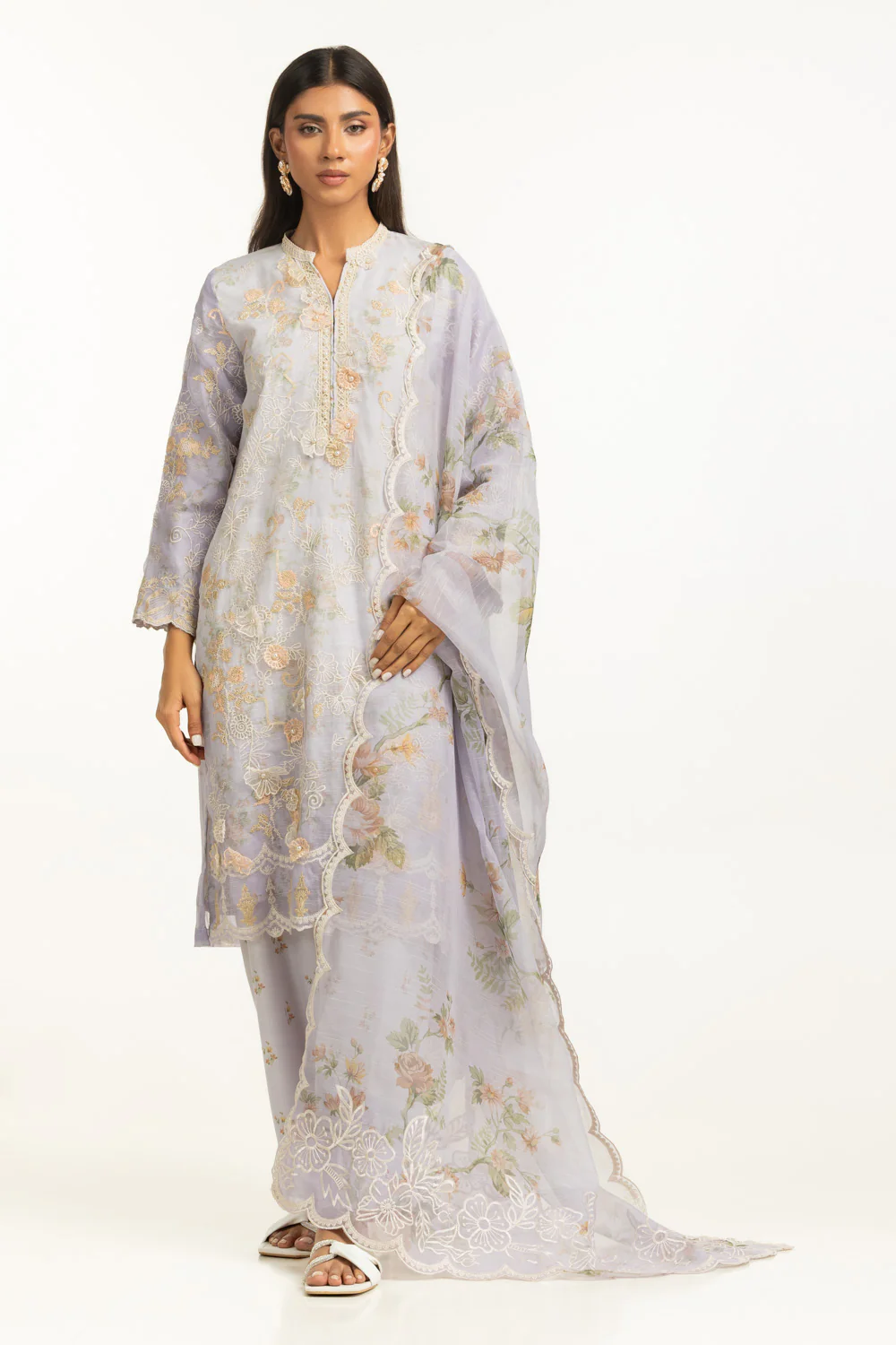 3PC Poly Slub Printed Suit With Embroidered