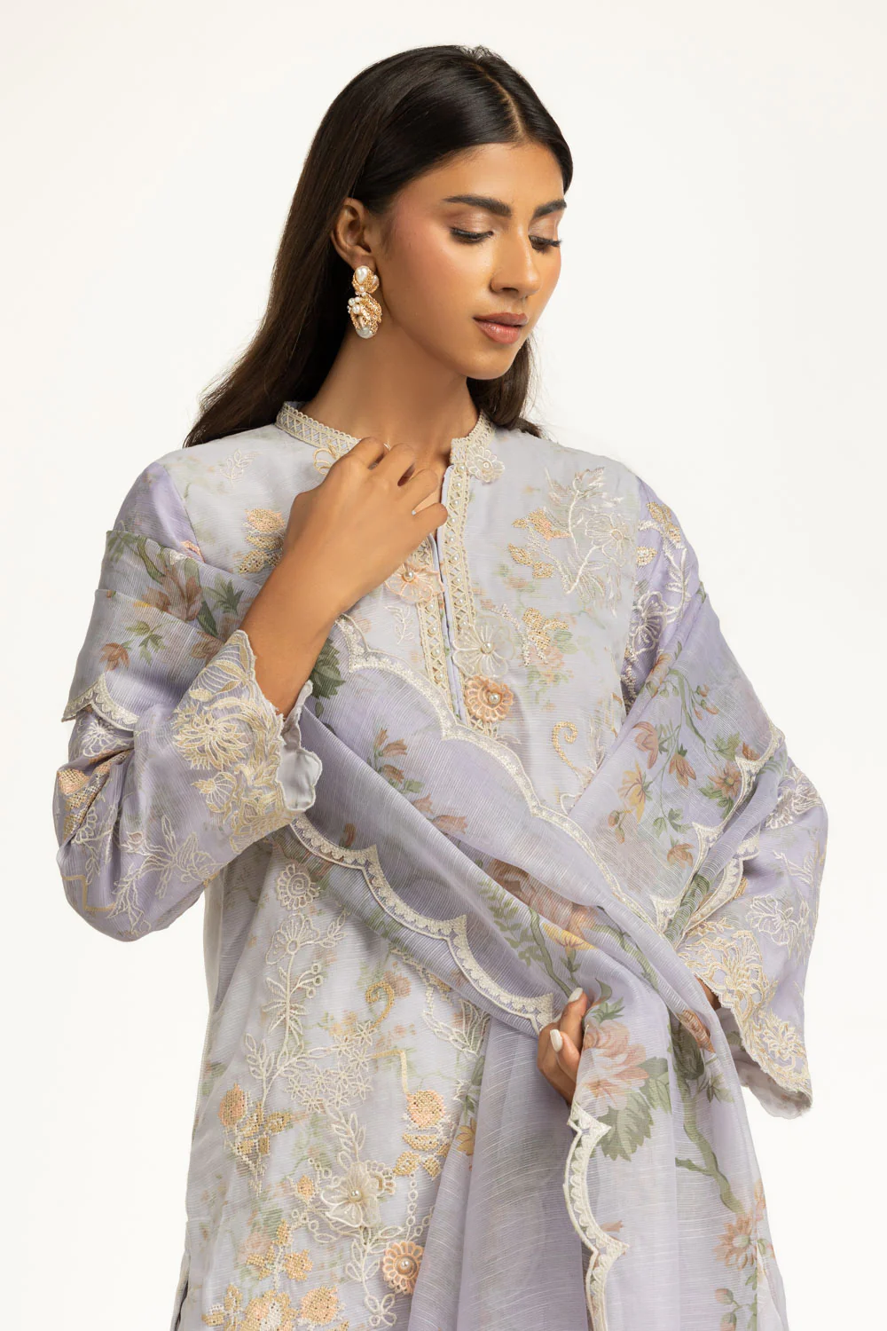 3PC Poly Slub Printed Suit With Embroidered - Image 2