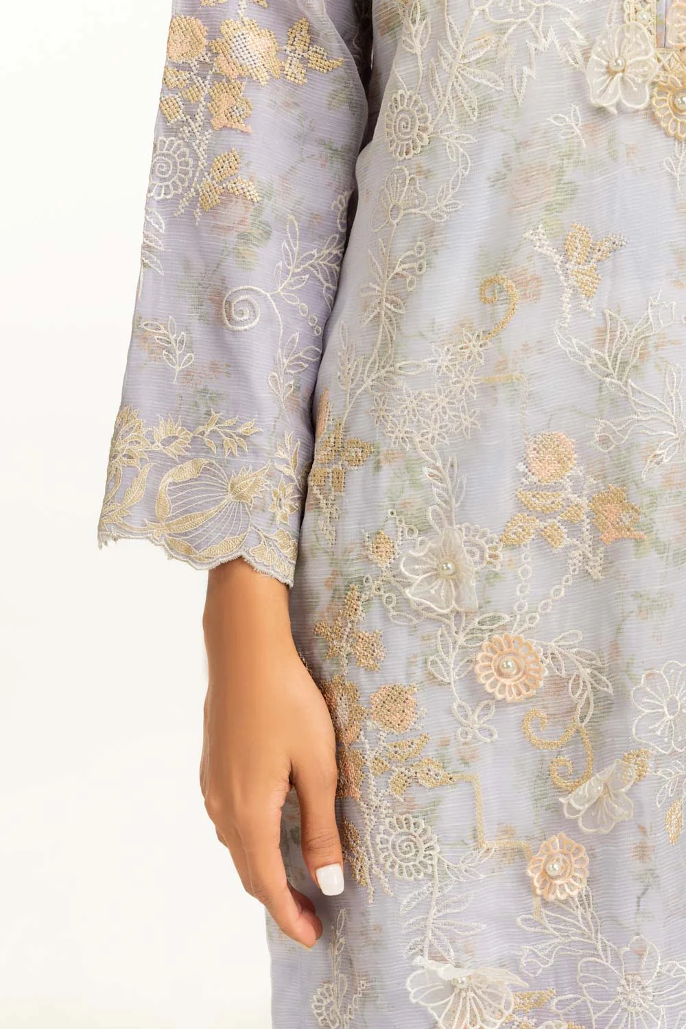 3PC Poly Slub Printed Suit With Embroidered - Image 4
