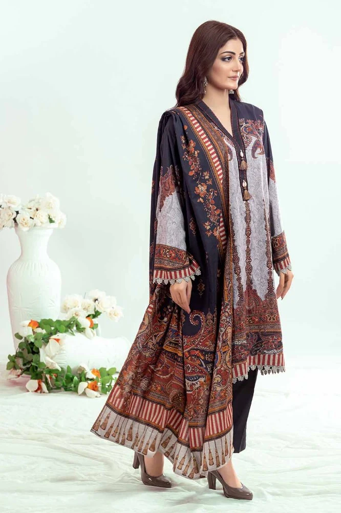 3 Piece Printed Chambray Unstitched Suit - Image 2