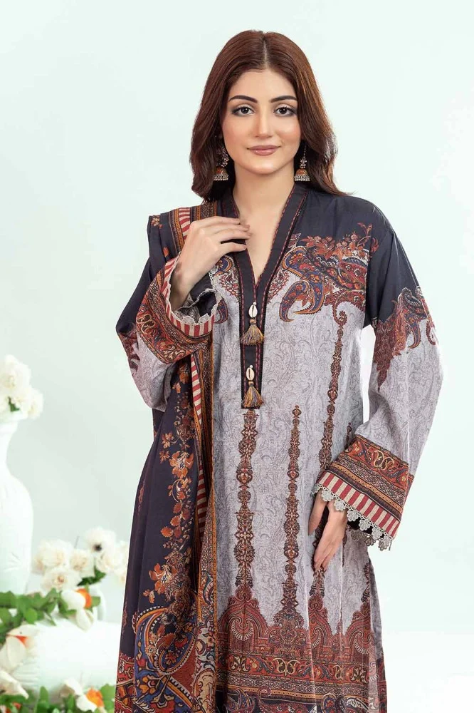 3 Piece Printed Chambray Unstitched Suit - Image 3