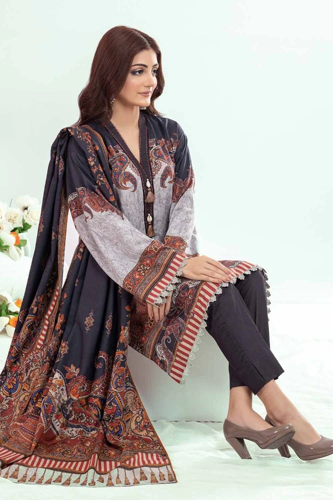 3 Piece Printed Chambray Unstitched Suit - Image 4