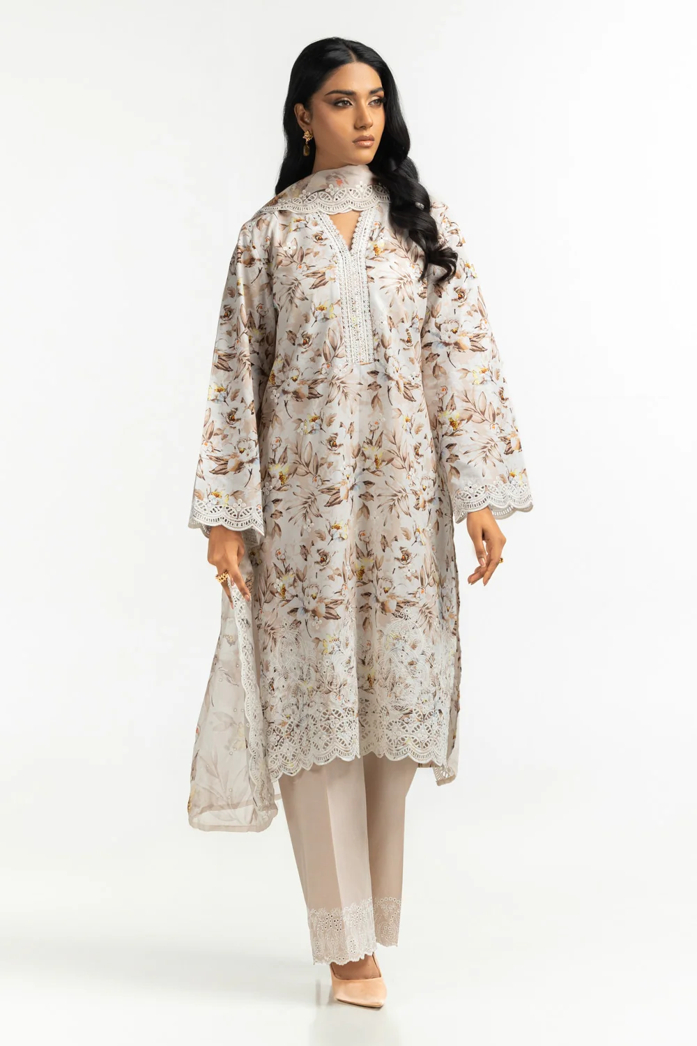 3PC Printed Suit with Embroidered