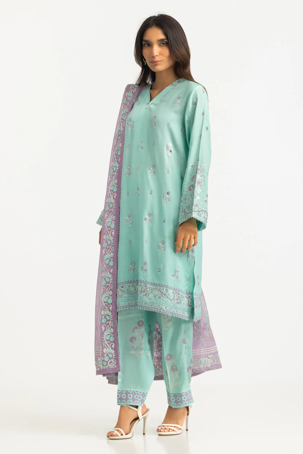 3PC Raw Silk Gold And Lacquer Printed Suit - Image 4