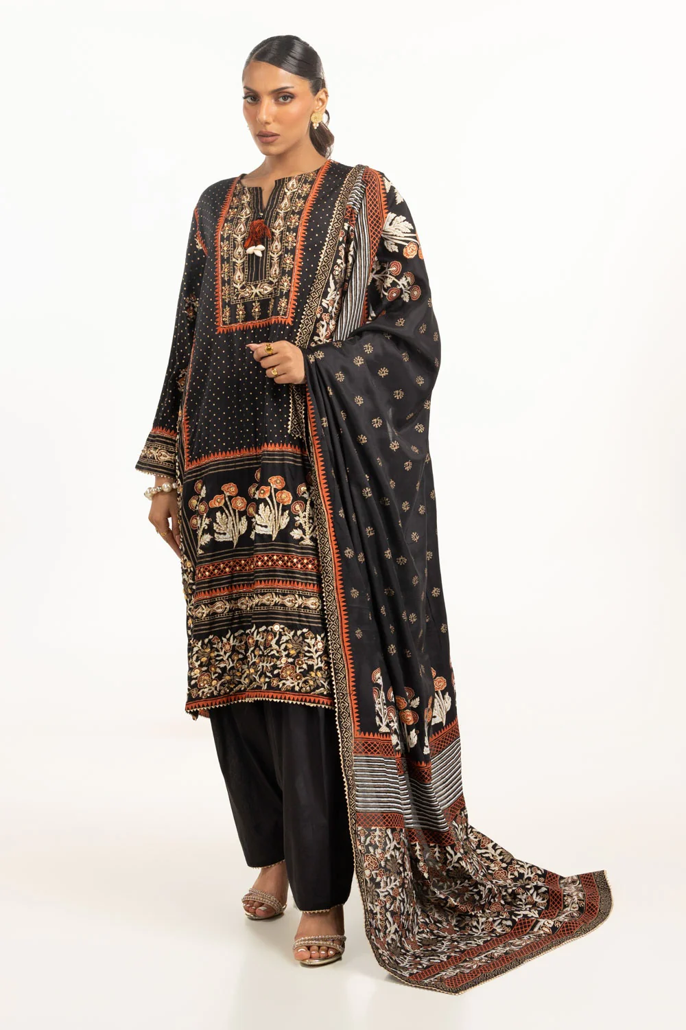 3PC raw-silk Lacquer Printed Hand Embellished Suit