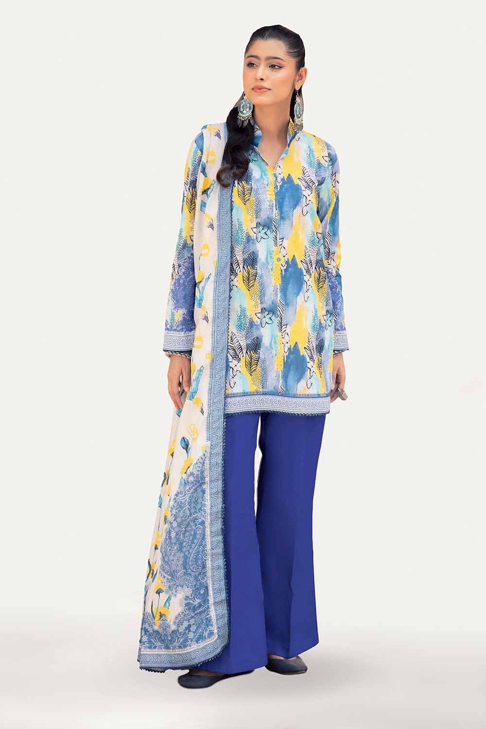 3 Piece Unstitched Printed Lawn Suit with Woven Stripe Dupatta