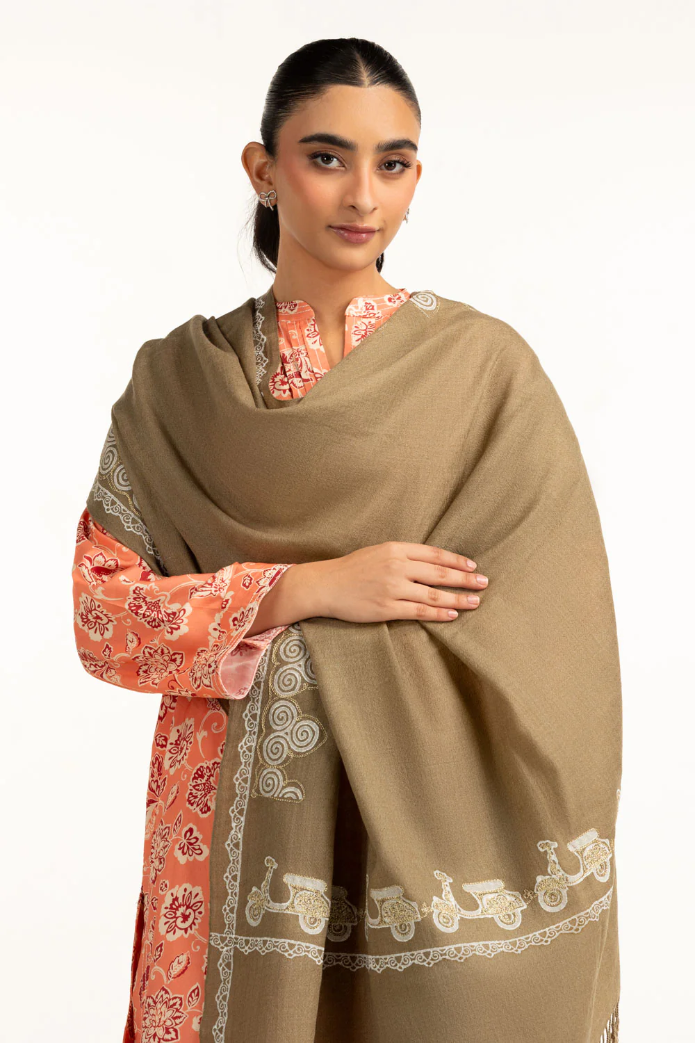 Acrylic Block Printed Shawl With Embroidered - Image 2