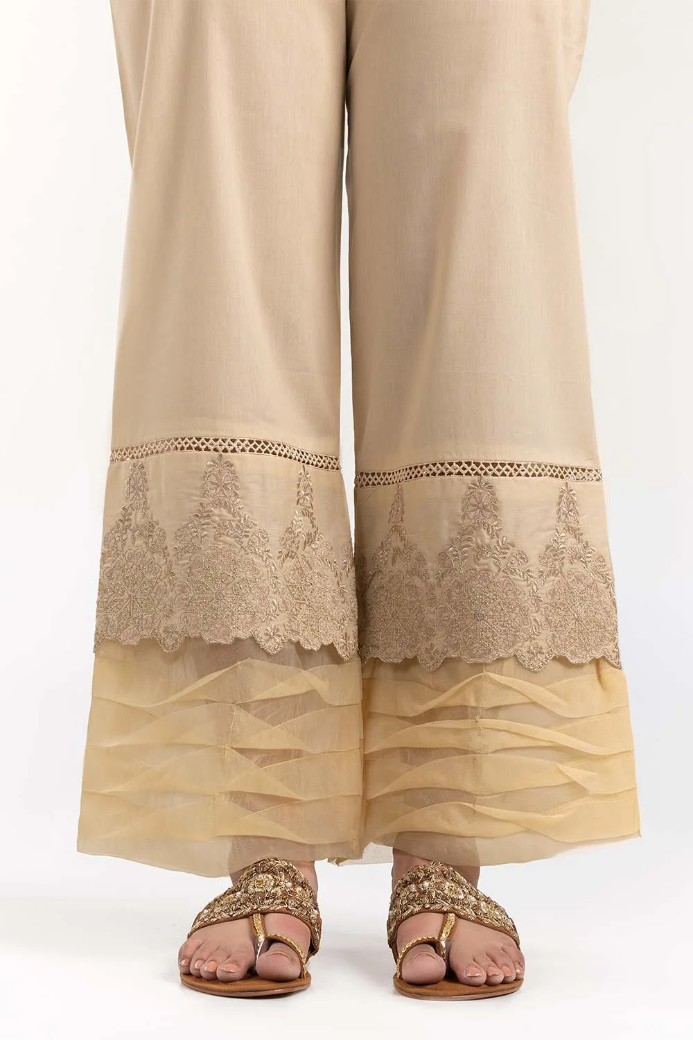 Beige Cambric Embroidered Trousers - Image 2
