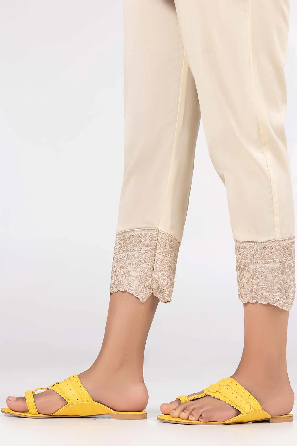 Beige Embroidered Cambric Trousers