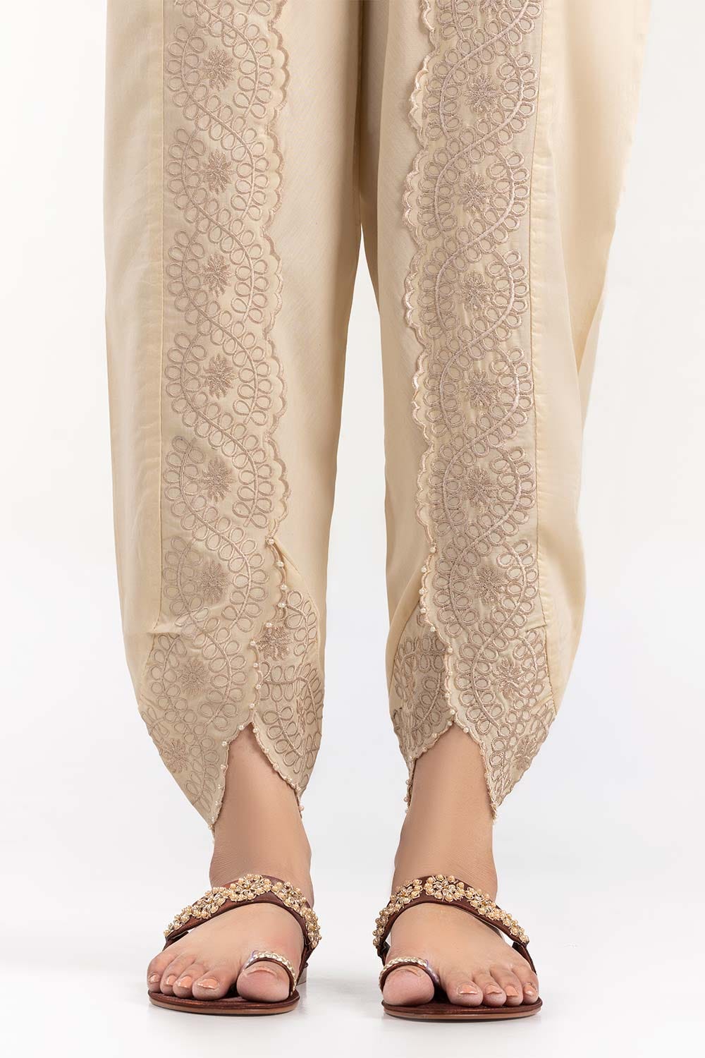 Beige Embroidered Cambric Tulip Shalwar - Image 2
