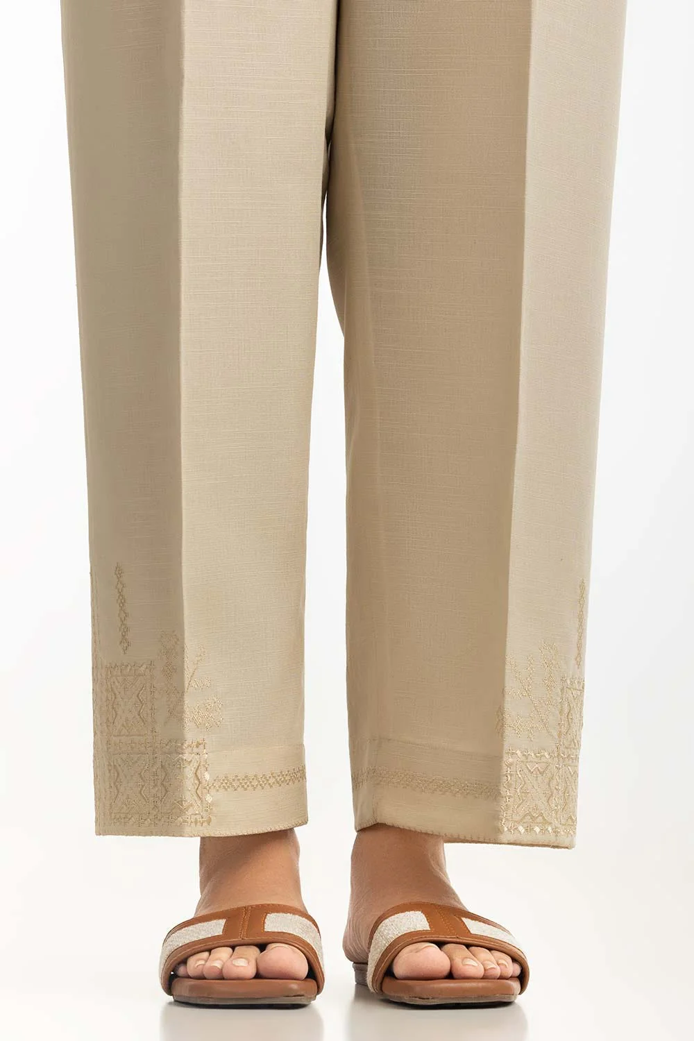 Beige Khaddar Embroidered Trouser