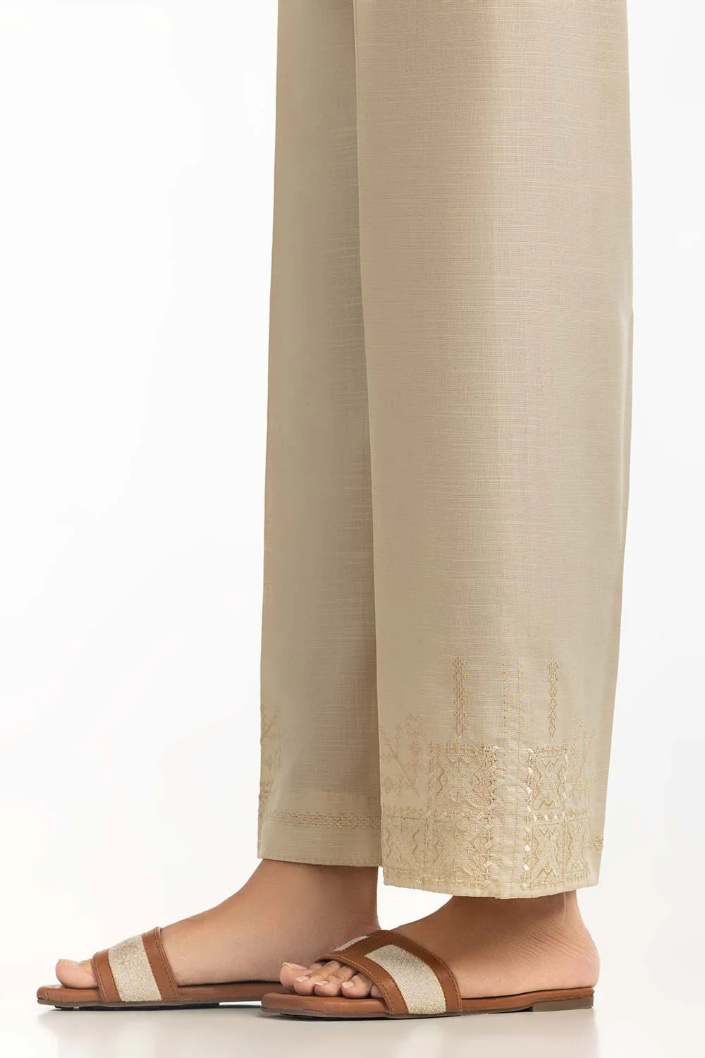 Beige Khaddar Embroidered Trouser - Image 3