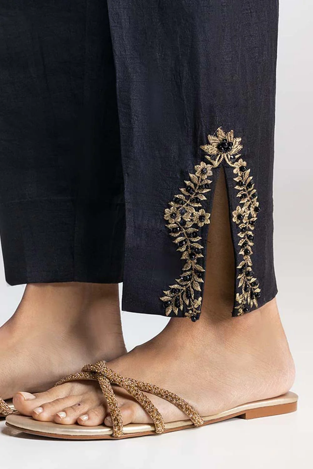 Black Dyed Embroidered Rawsilk Trouser - Image 3