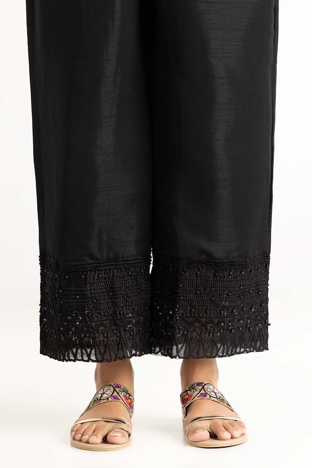Black Dyed Raw Silk Embroidered Trousers - Image 2