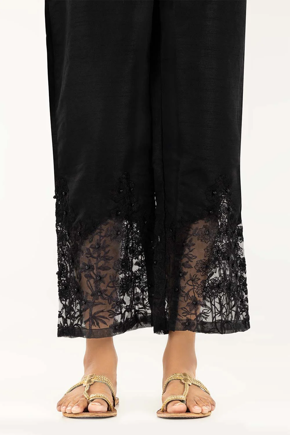 Black Embroidered Indian Raw Silk Trousers - Image 2
