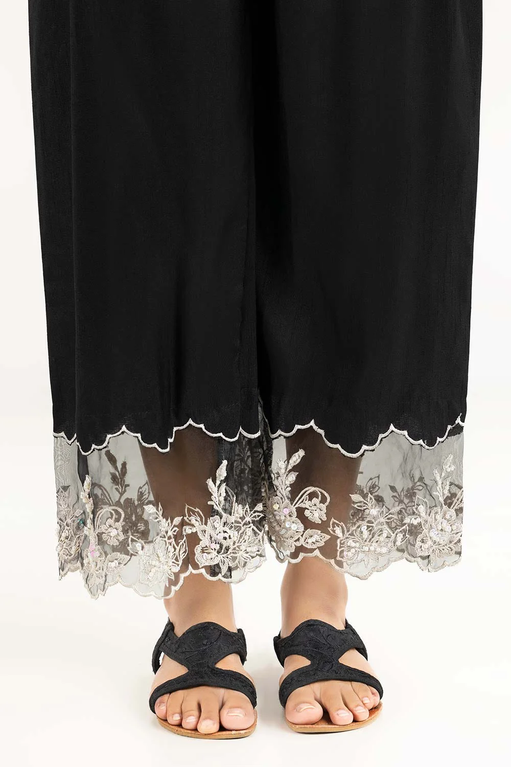Black Embroidered Raw Silk Trousers - Image 2