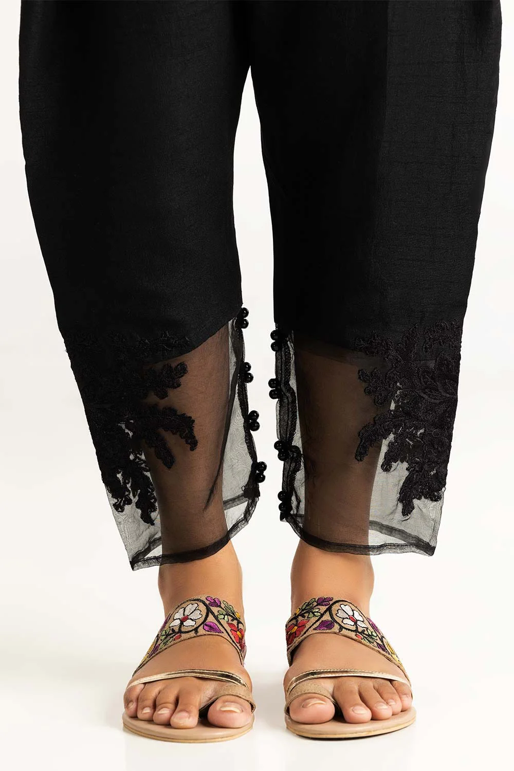 Black Embroidered Raw Silk Trousers - Image 2