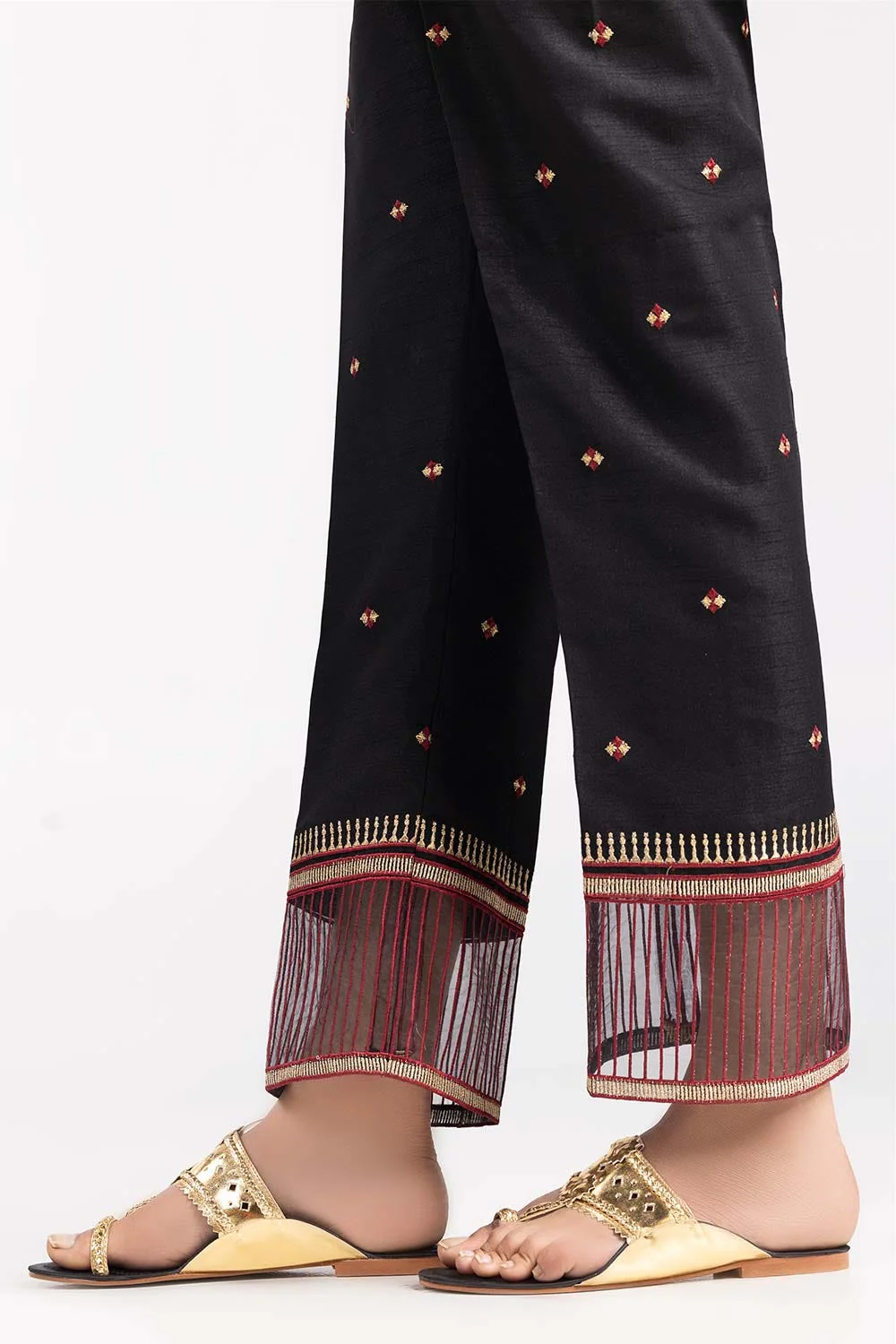 Black Embroidered Raw Silk Trousers