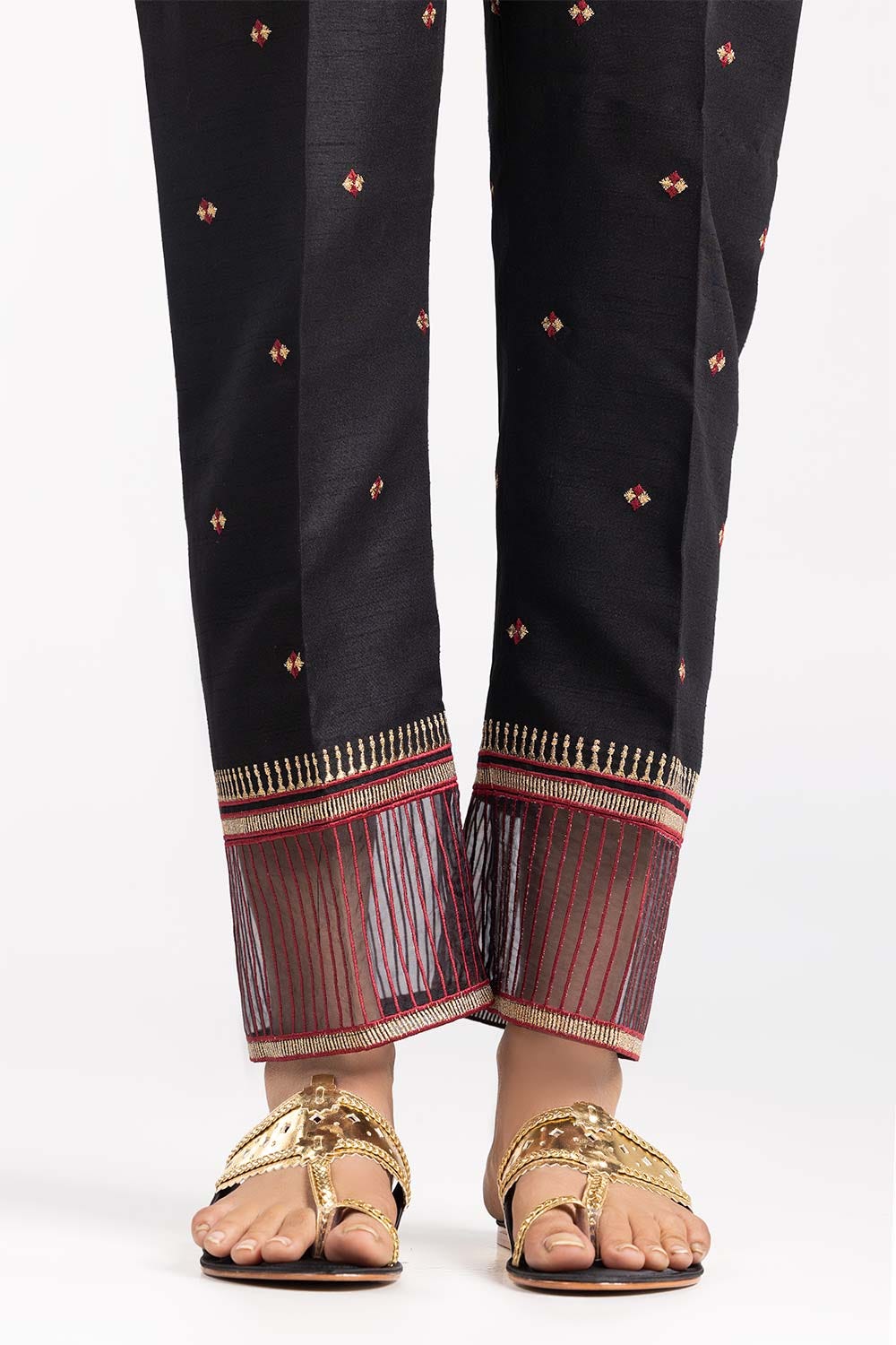 Black Embroidered Raw Silk Trousers - Image 2