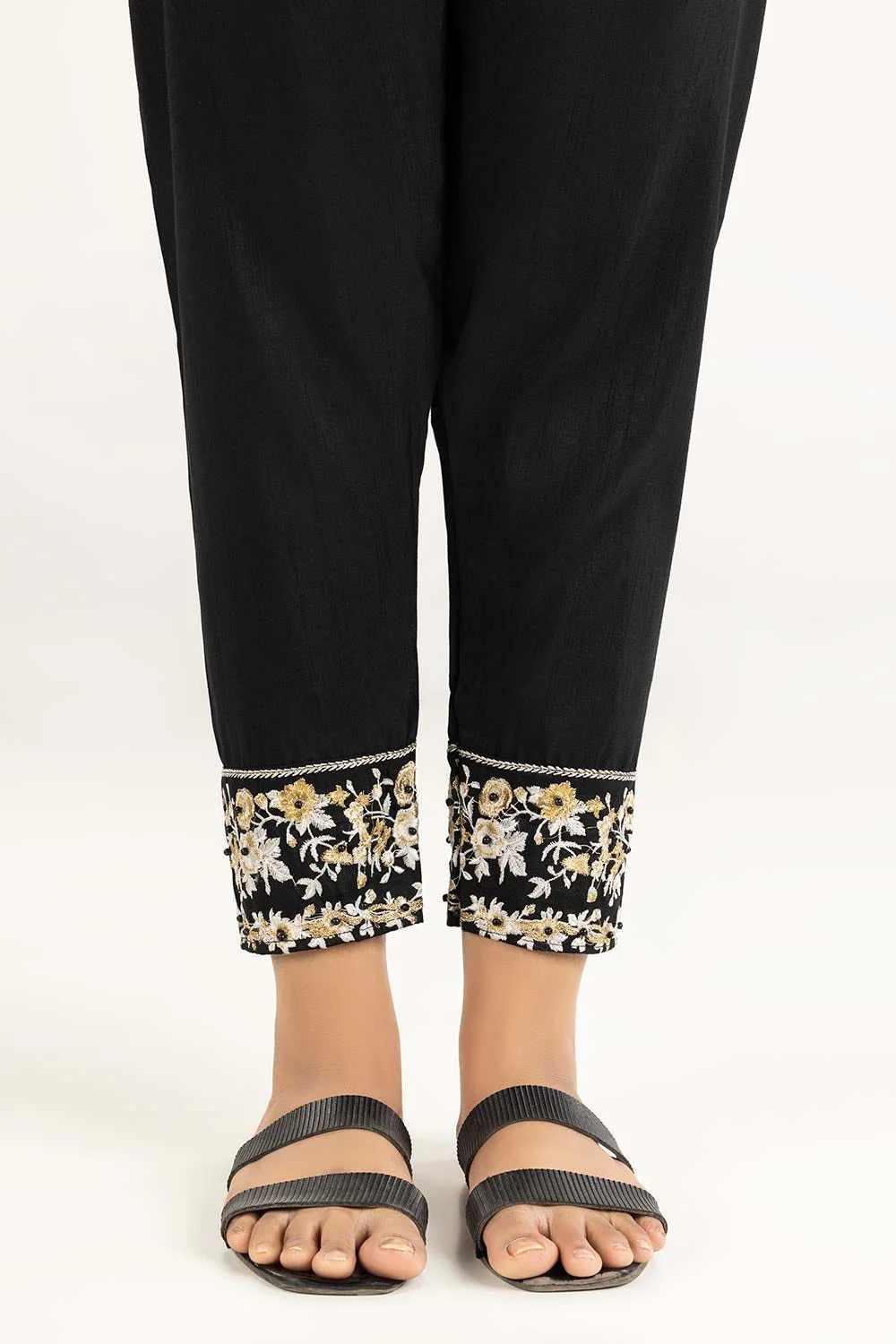 Black Raw Silk Embroidered Trousers - Image 2
