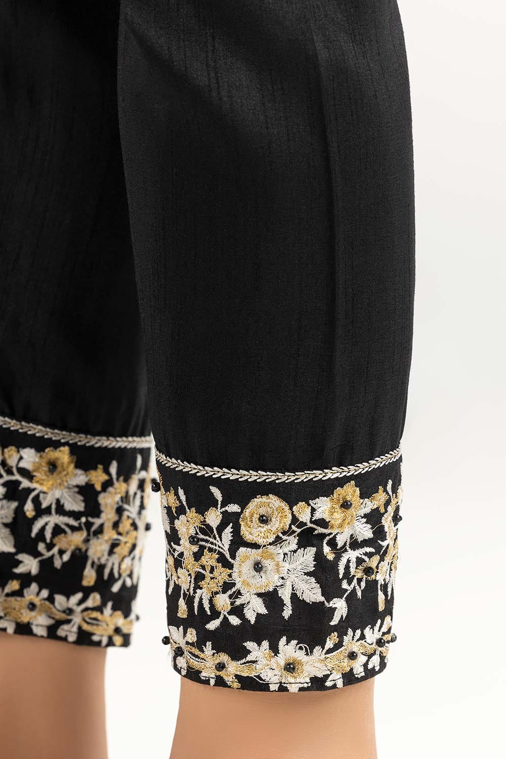 Black Raw Silk Embroidered Trousers - Image 3