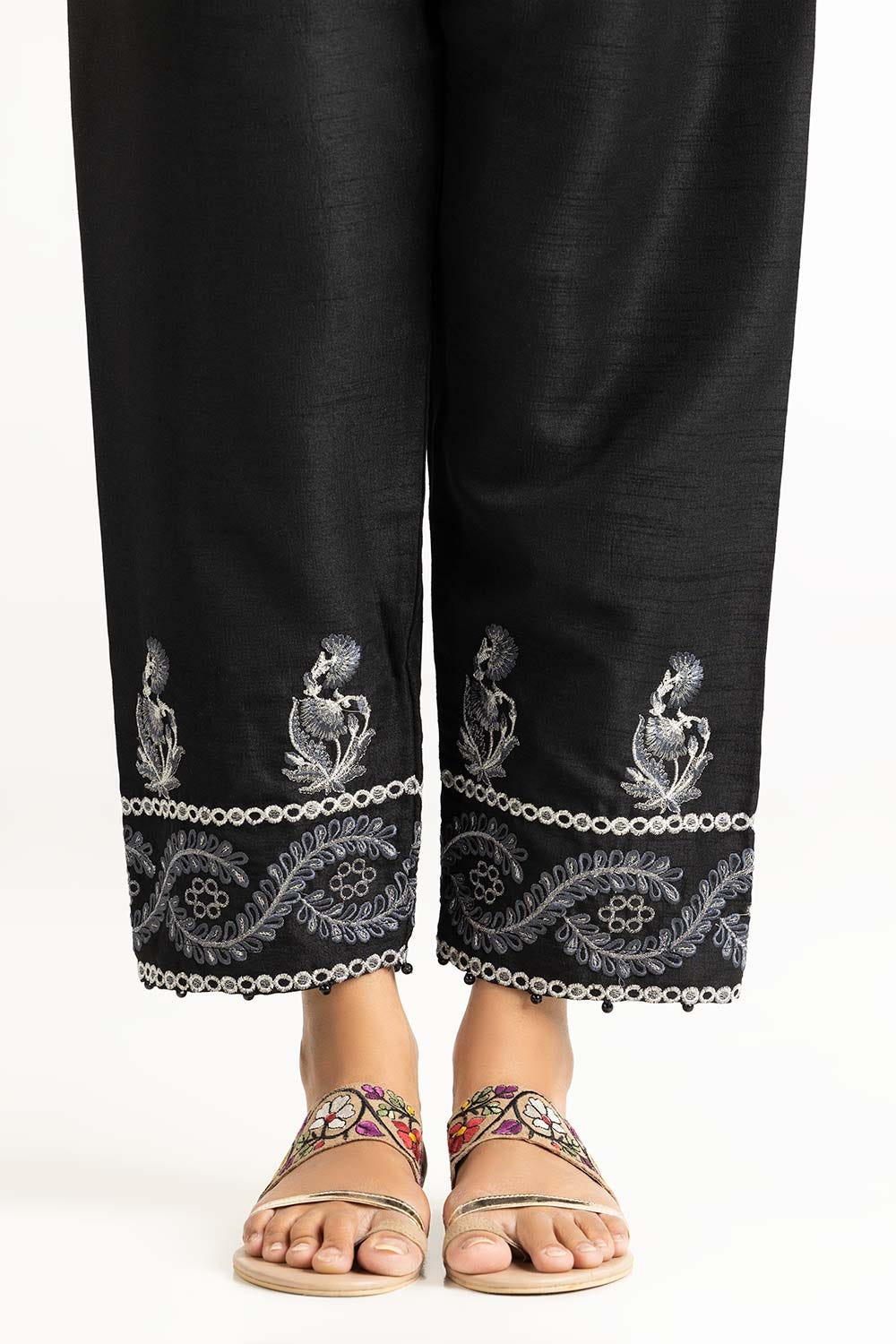 Black Raw Silk Embroidered Trousers - Image 2