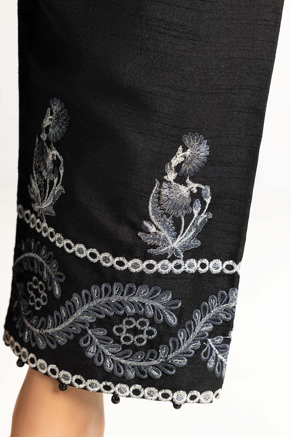 Black Raw Silk Embroidered Trousers - Image 3
