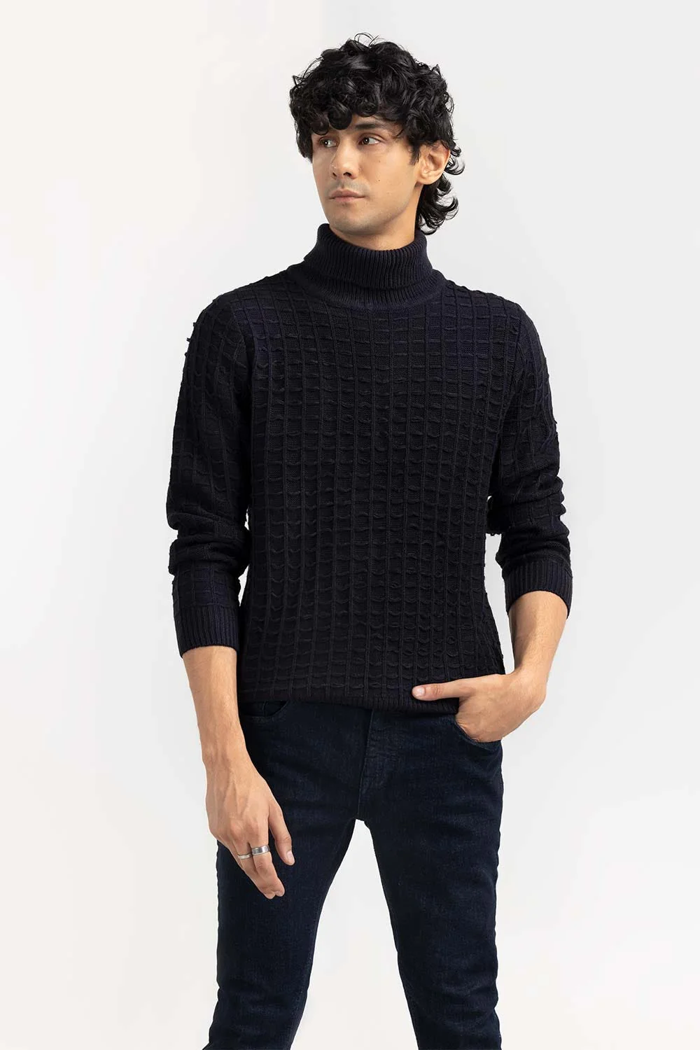 Black Textured Turtle Neck Sweater - Image 2