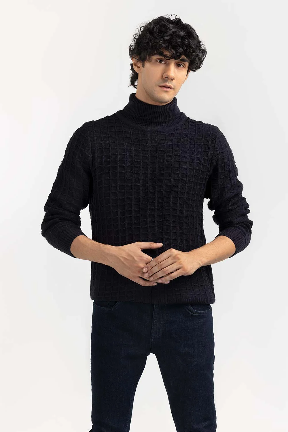 Black Textured Turtle Neck Sweater - Image 3