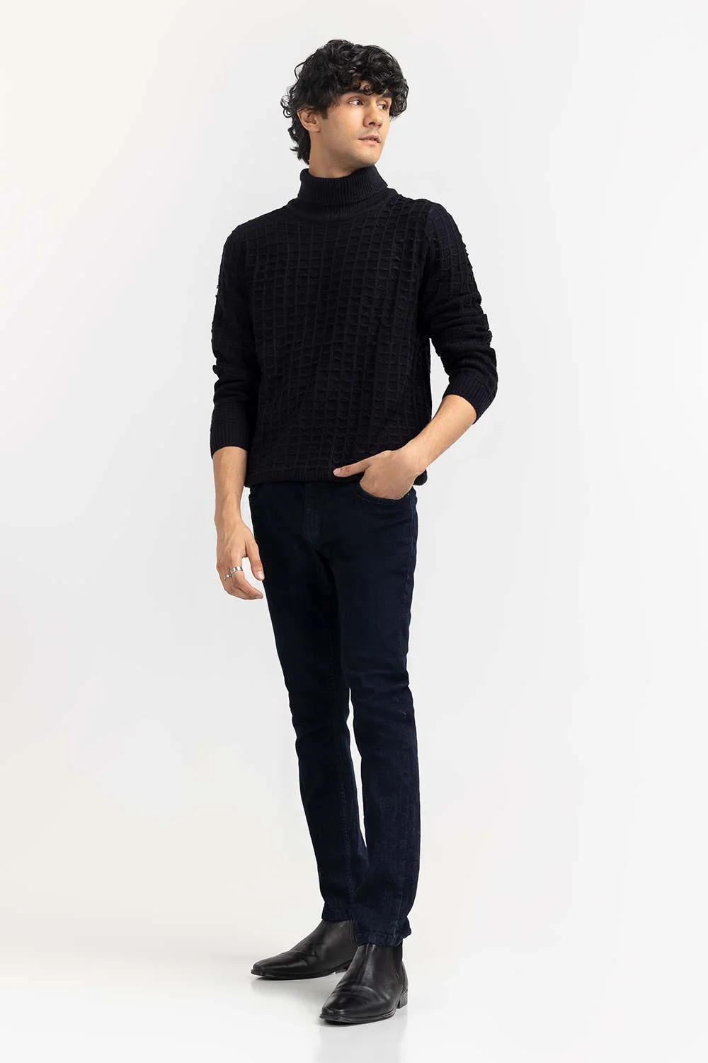Black Textured Turtle Neck Sweater - Image 4
