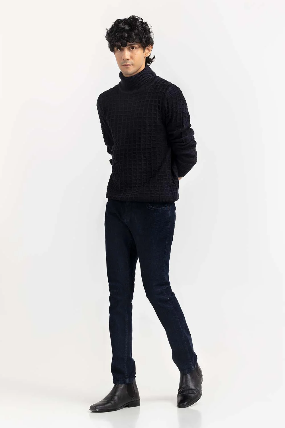 Black Textured Turtle Neck Sweater - Image 5