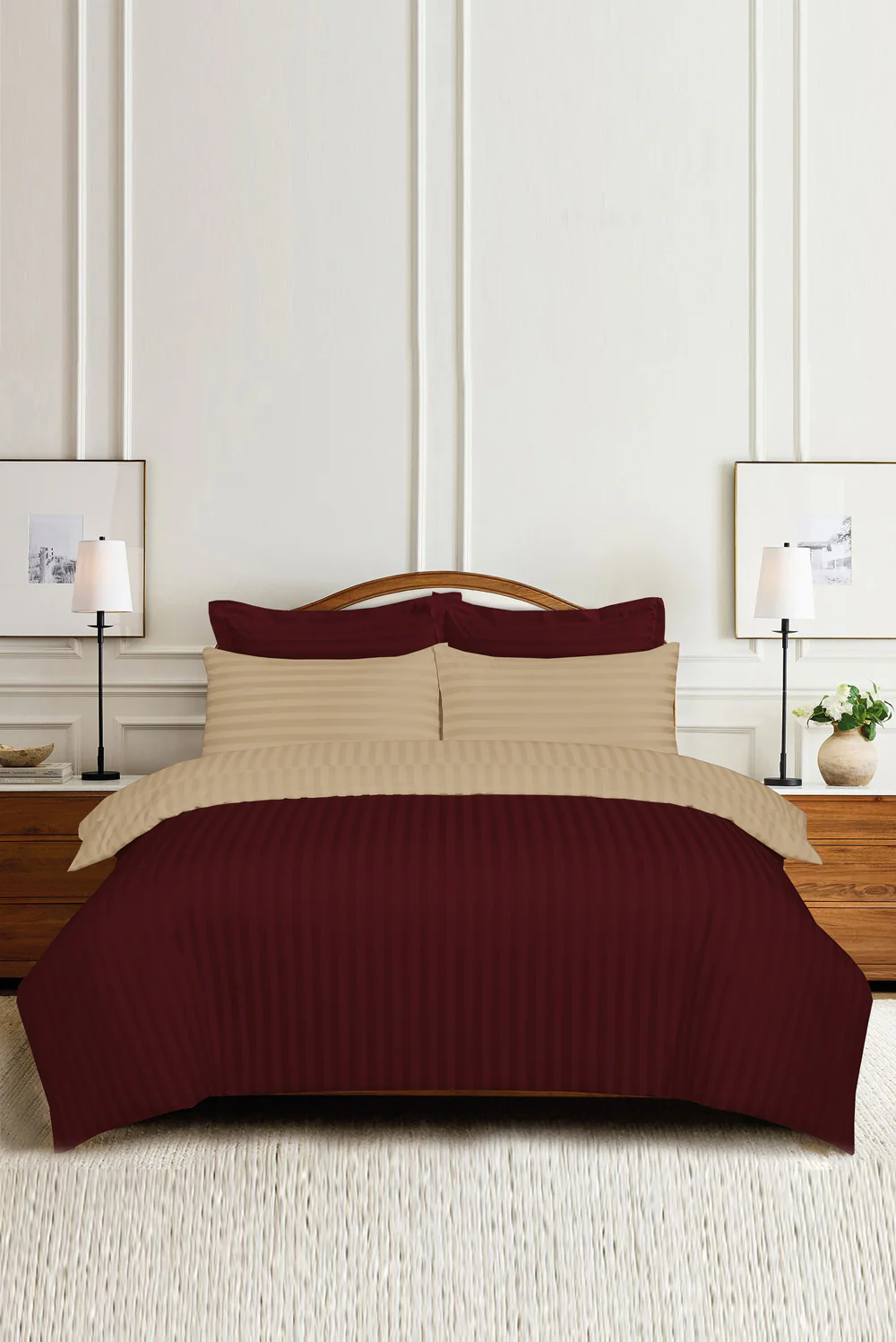 Burgundy Deep and Almond Buff Luxury Stripe Quilt Cover Set - Image 2