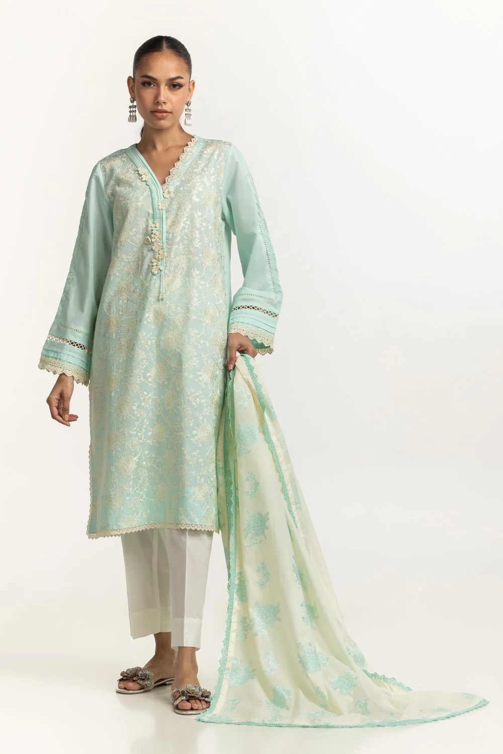 Cambric Embroidered Shirt And Embroidered Dupatta - Image 4