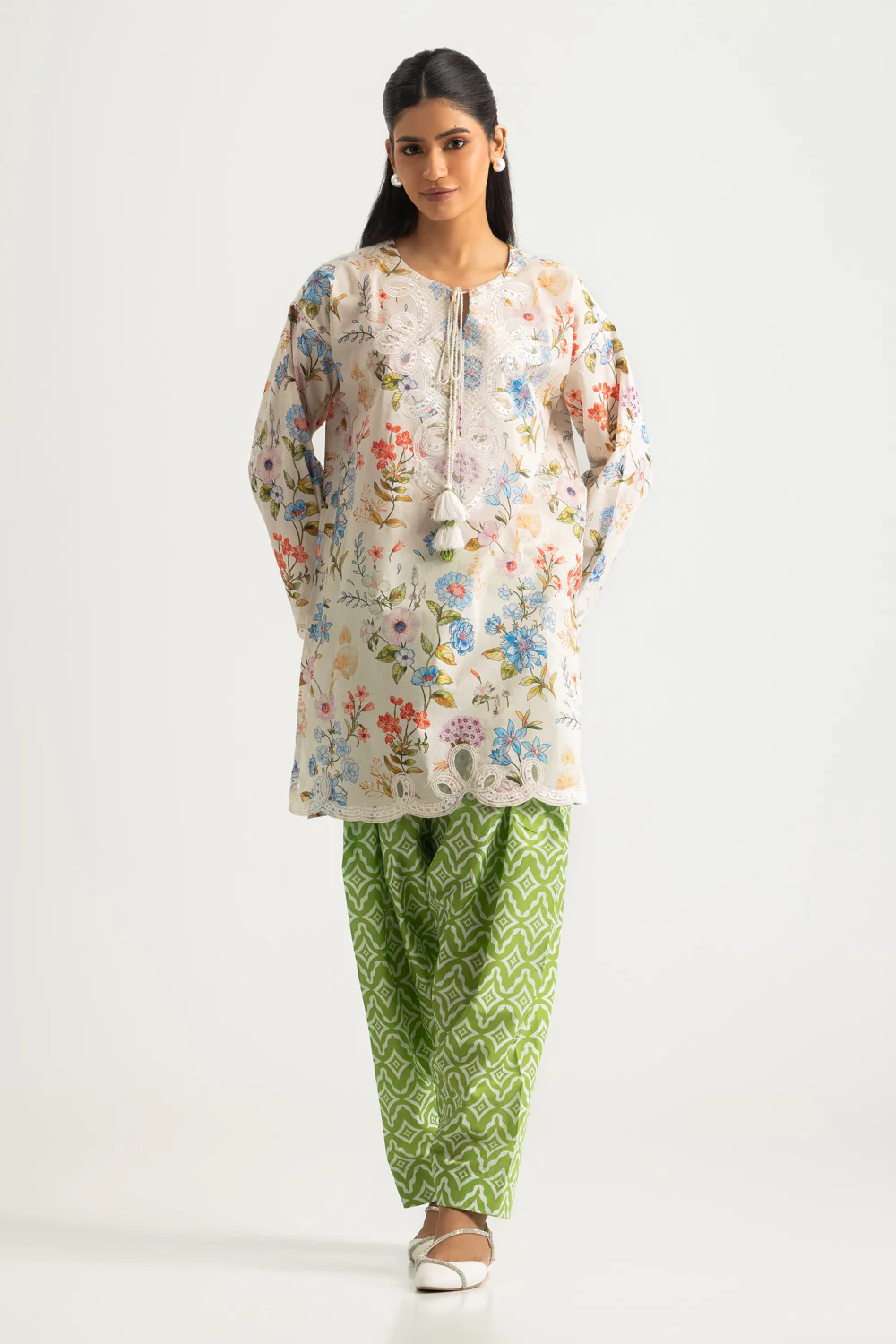 Cambric Printed Co-Ord Set With Embroidered