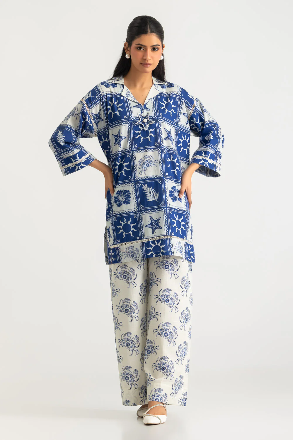 Cross Hatch Printed Co-Ord Set With Embroidered