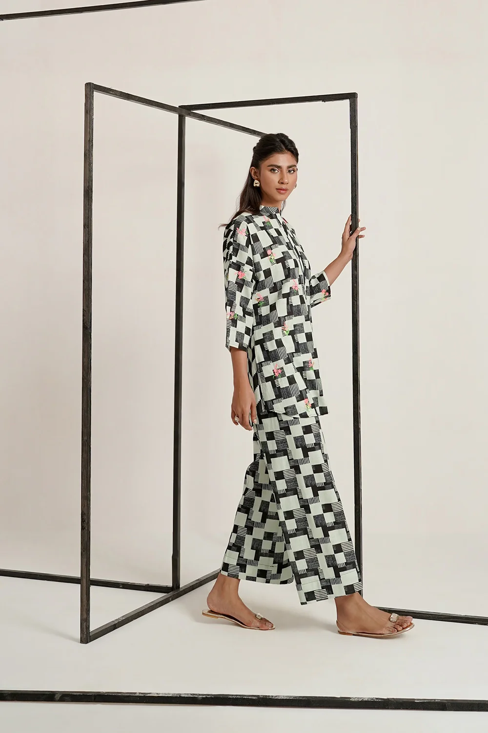 Cross Slub Printed With Embroidered Co-Ord Set - Image 2