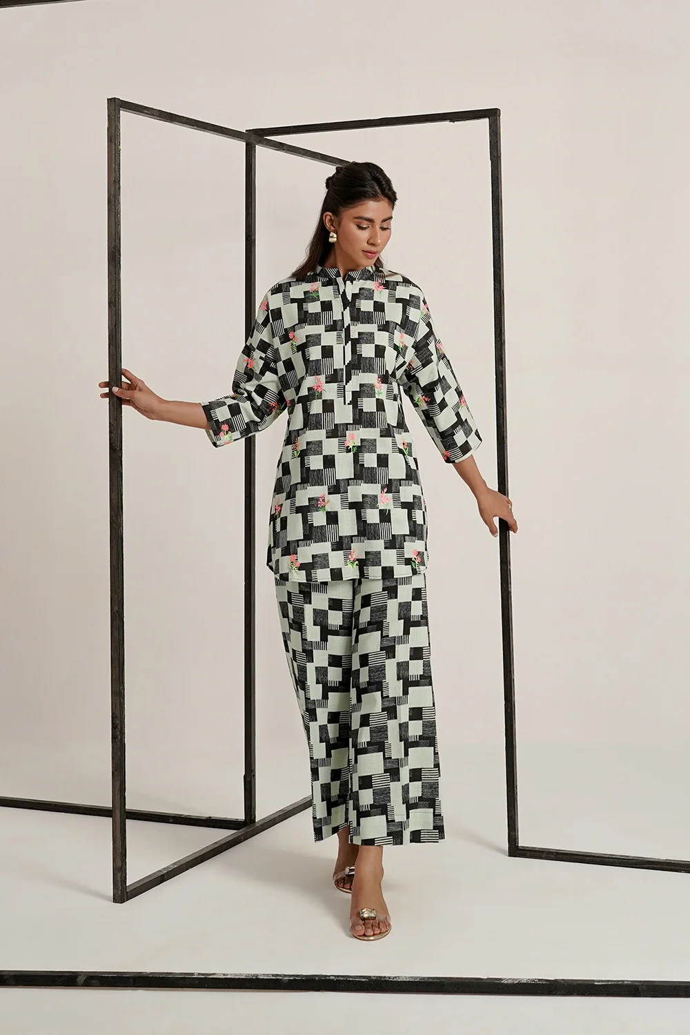 Cross Slub Printed With Embroidered Co-Ord Set - Image 3