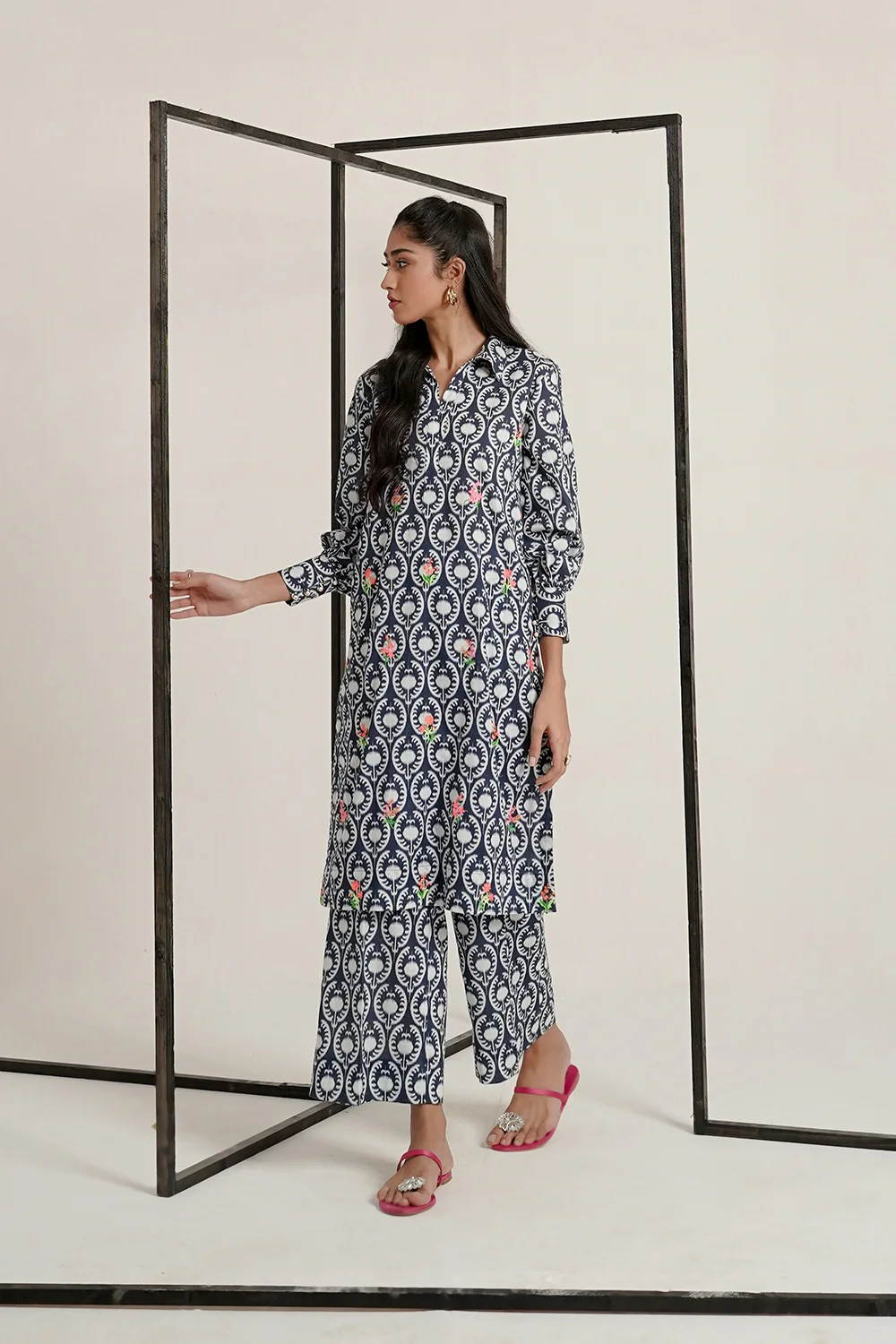 Cross Slub Printed With Embroidered Co-Ord Set - Image 5