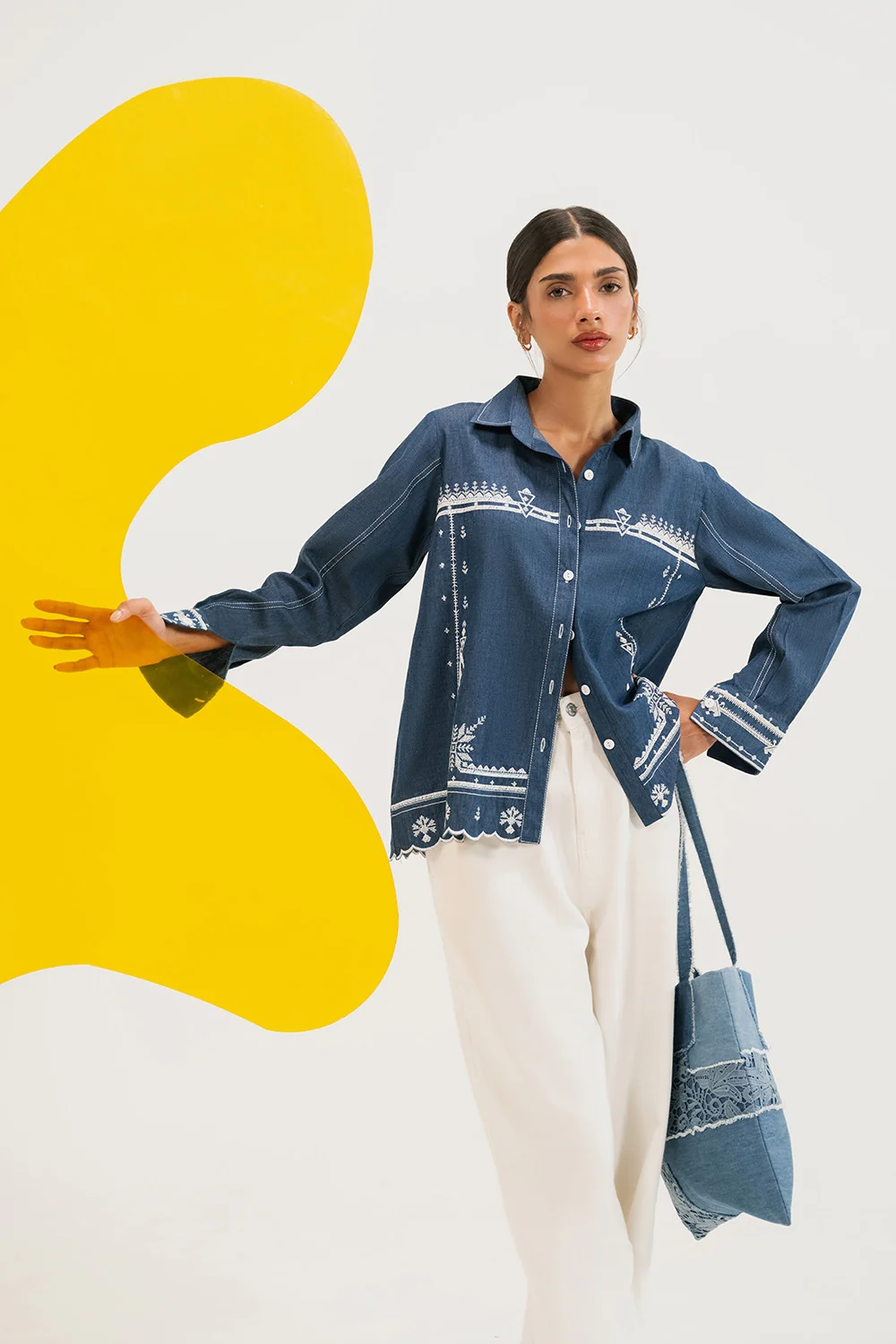 Denim Embroidered Button Down Shirt - Image 3