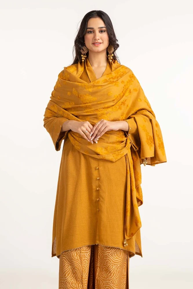 Dyed Acrylic Viscose Shirt With Velvet Jacqauard Dupatta - Image 2