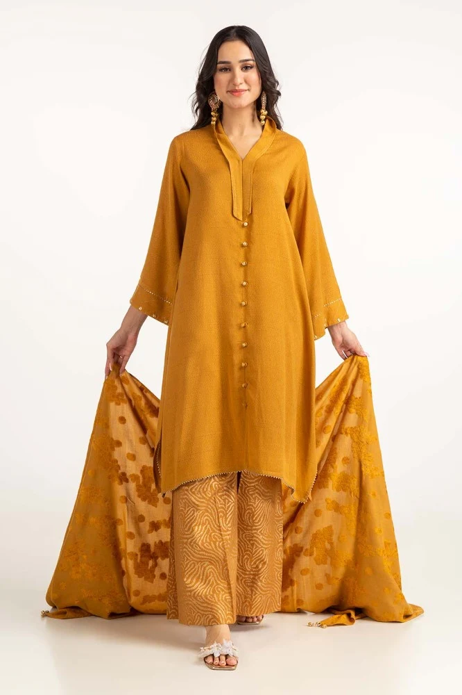 Dyed Acrylic Viscose Shirt With Velvet Jacqauard Dupatta - Image 3