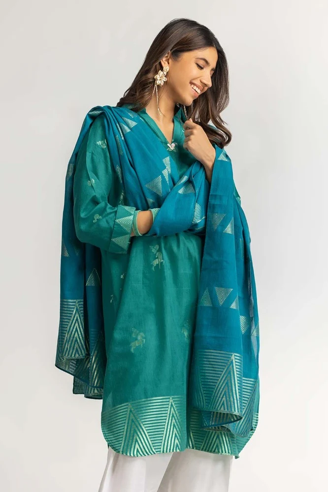 Dyed Jacquard Shirt With Dupatta - Image 4