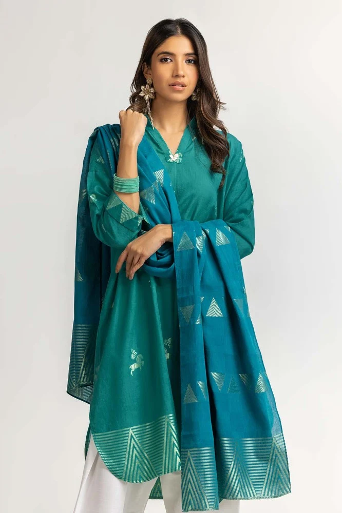 Dyed Jacquard Shirt With Dupatta - Image 5