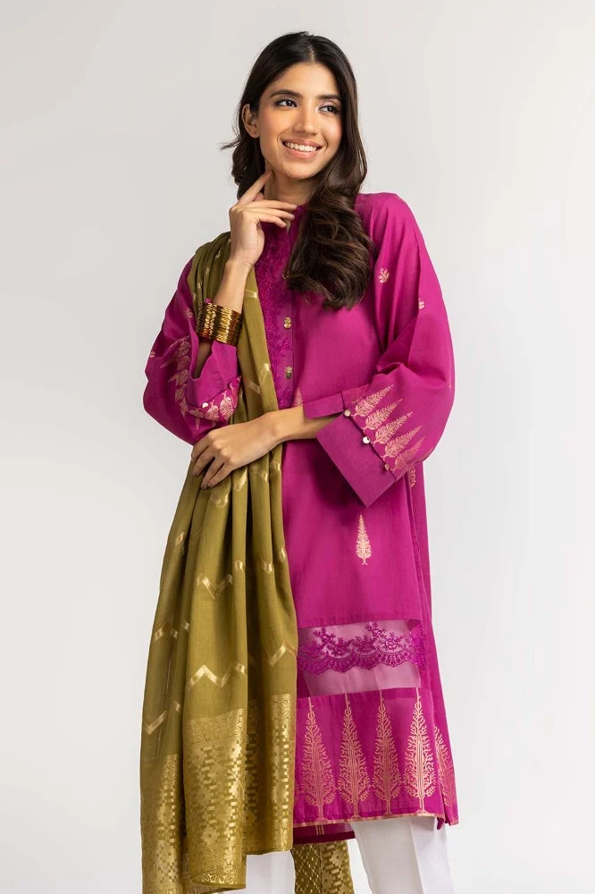 Dyed Jacquard Shirt With Dupatta - Image 2