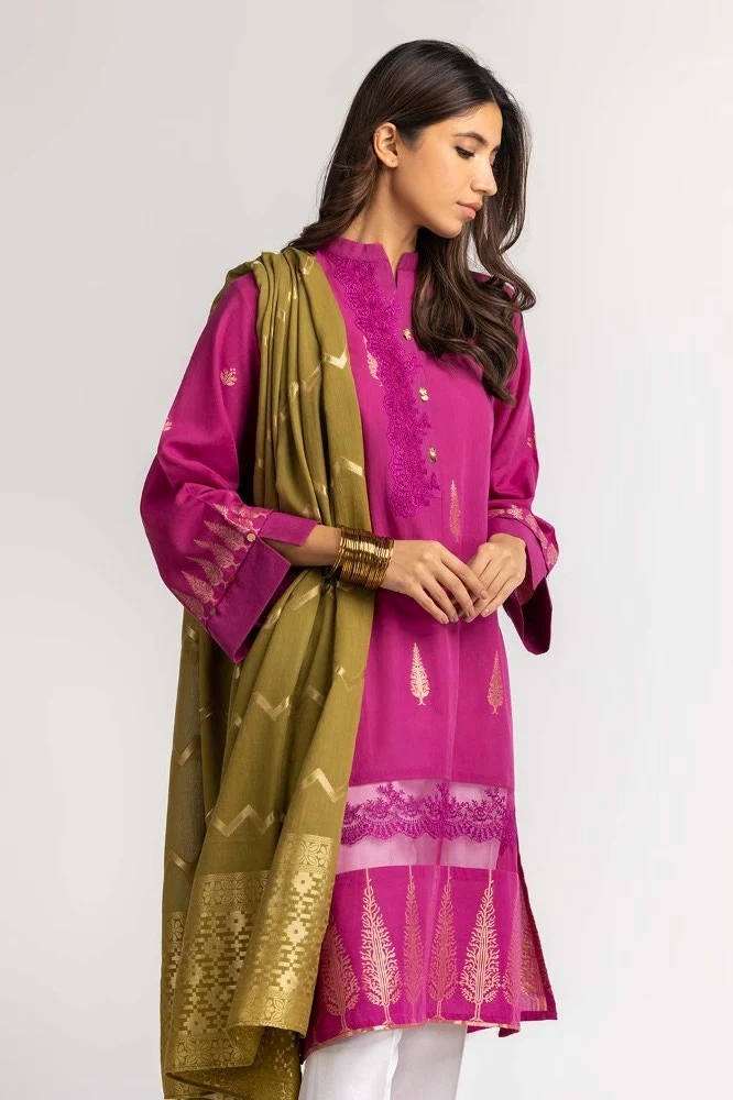 Dyed Jacquard Shirt With Dupatta - Image 4