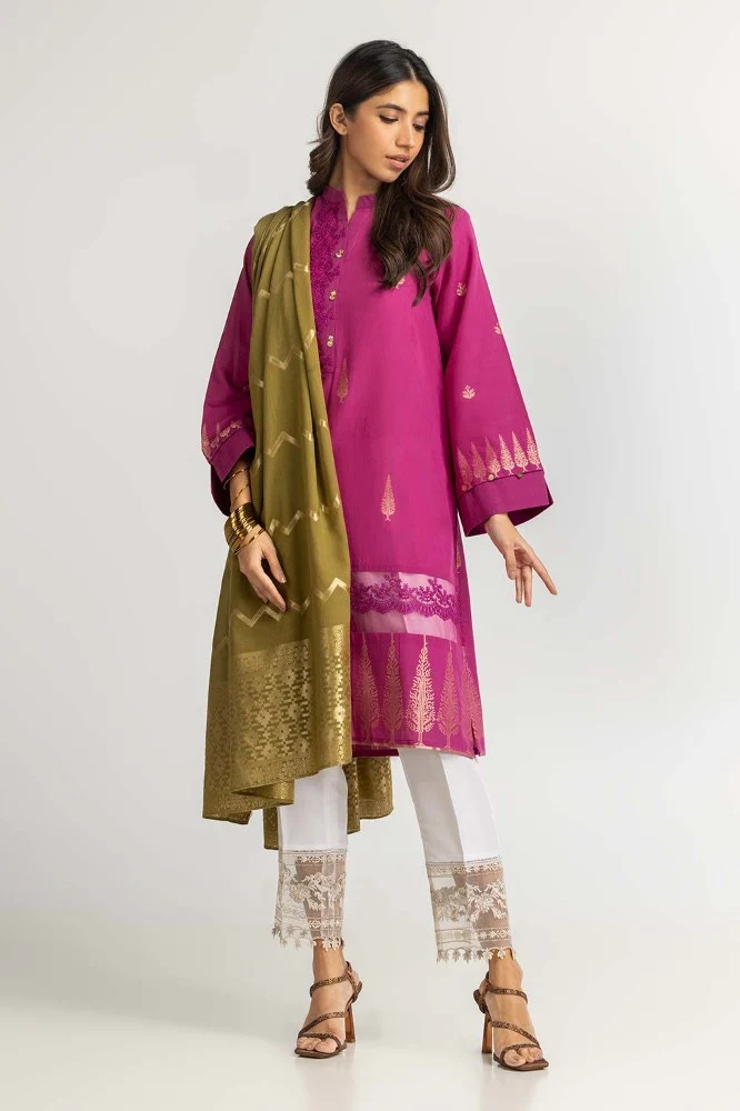 Dyed Jacquard Shirt With Dupatta - Image 5