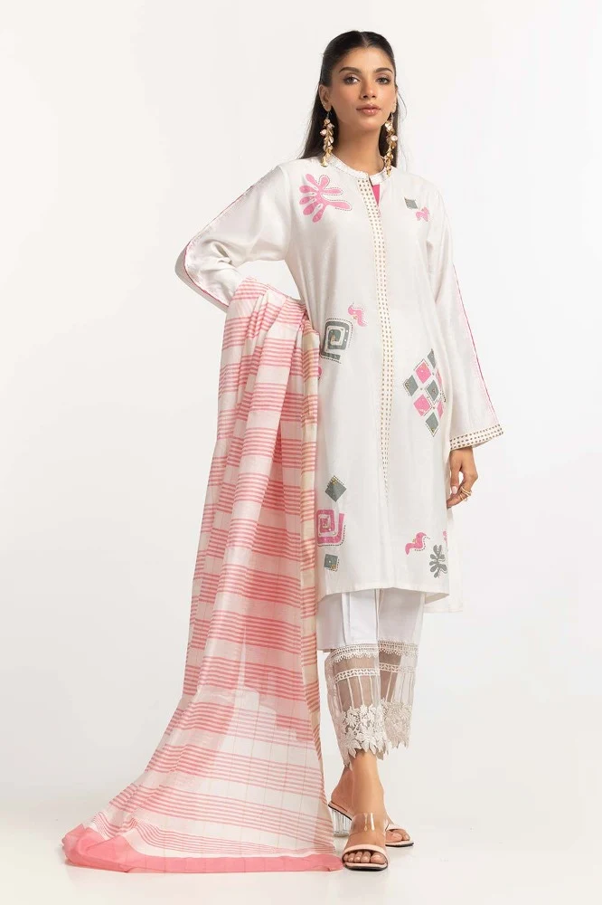 Dyed Screen Print Cotton Net Shirt With Yarn Dyed Dupatta - Image 3